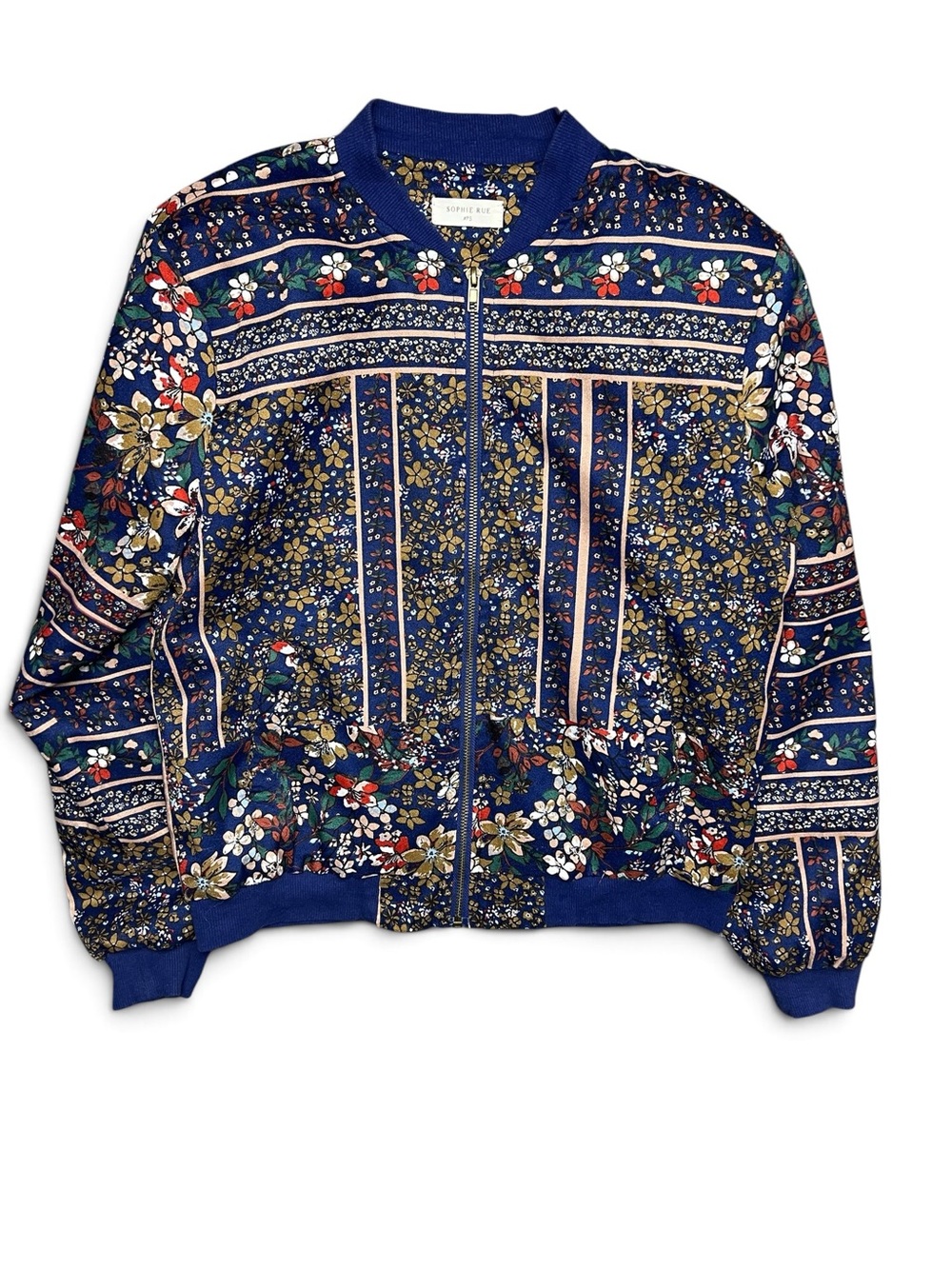 Sophie Rue Floral Bomber Jacket Navy Blue Boho Botanical Print Zip Up Women